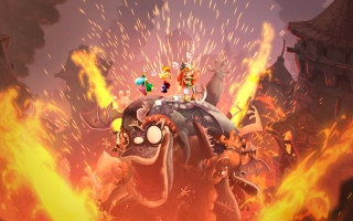 A spectacular ending of one of the music levels in the game. Playing air guitar on a monster!