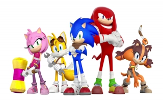 De hoofdkarakters van links naar rechts: Amy Rose, Tails, Sonic, Knuckles en Sticks.